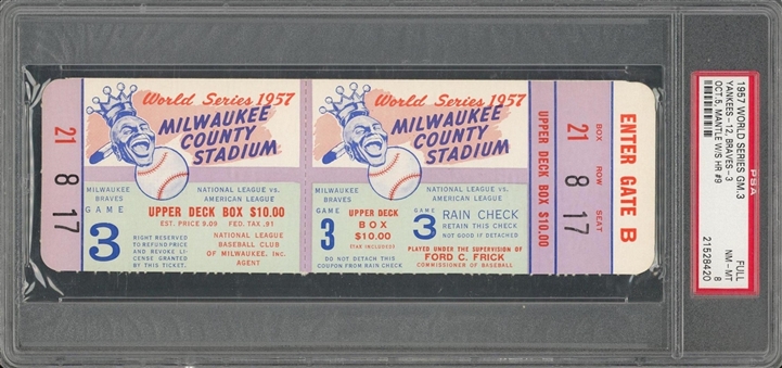 1957 World Series (Yankees vs. Braves) Game 3 Full Ticket - PSA NM-MT 8 - Mickey Mantles 9th World Series Home Run! 